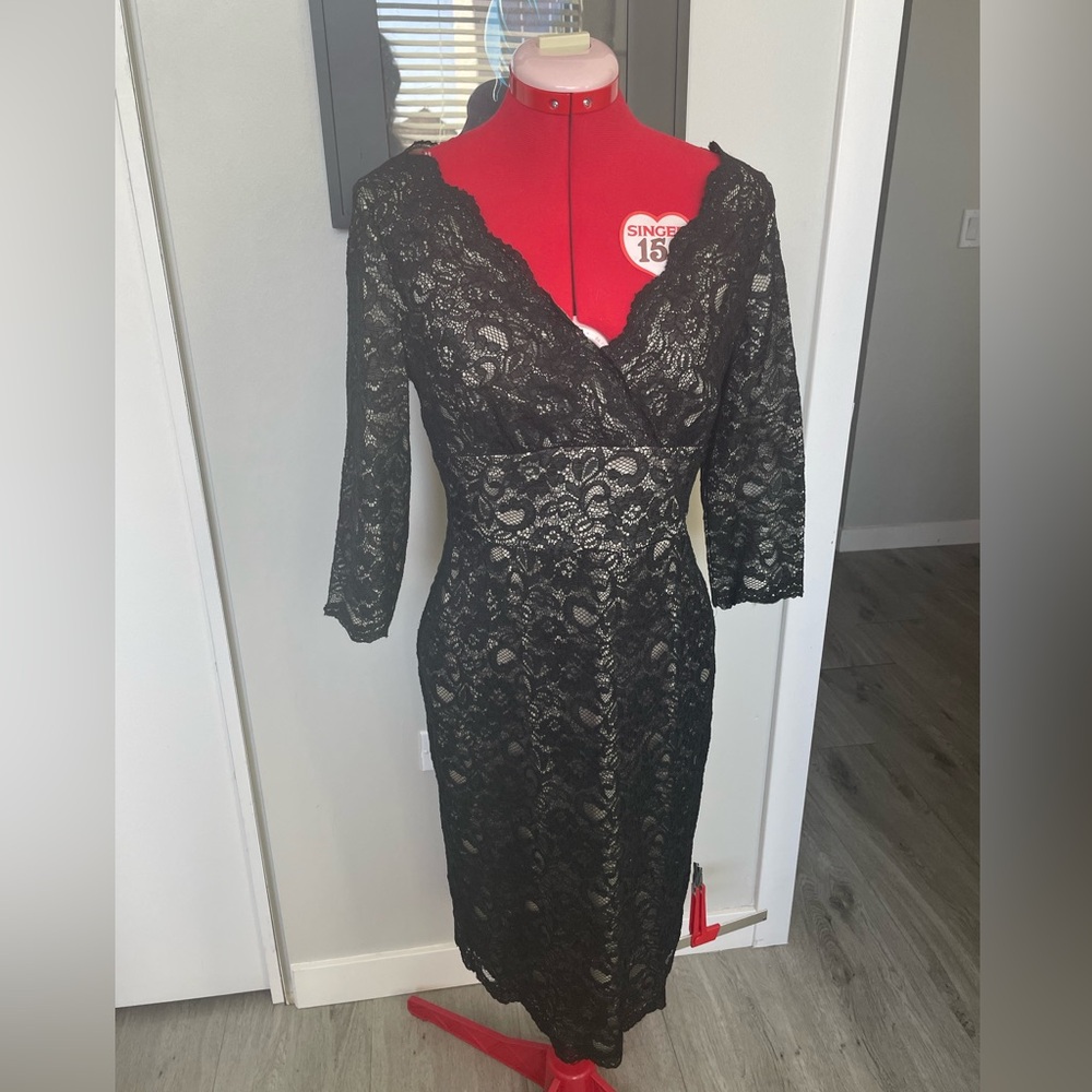 Black Lace Overlay with Tan Lining Evening Dresss